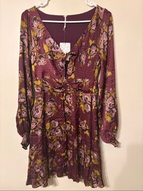 Free People Burgundy Floral Long Sleeve V-Neck Dress